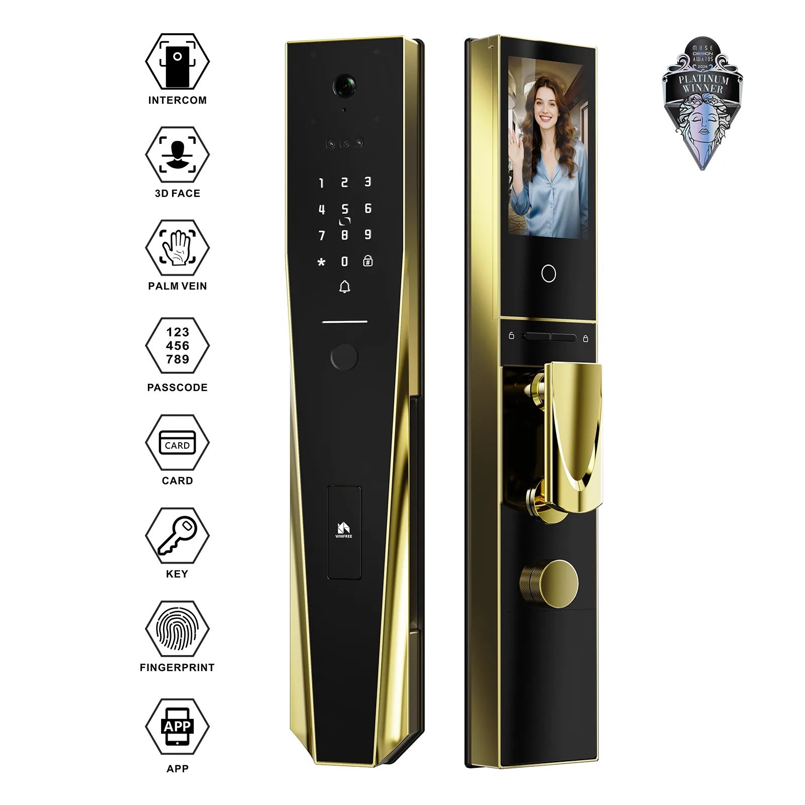Winfree Tuya Wifi 3D face Automatic Intercom Smart Main Door Lock